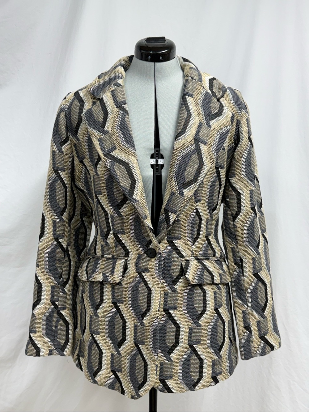 Womens Geometric Pattern Blazer Jacket in Beige and Gray